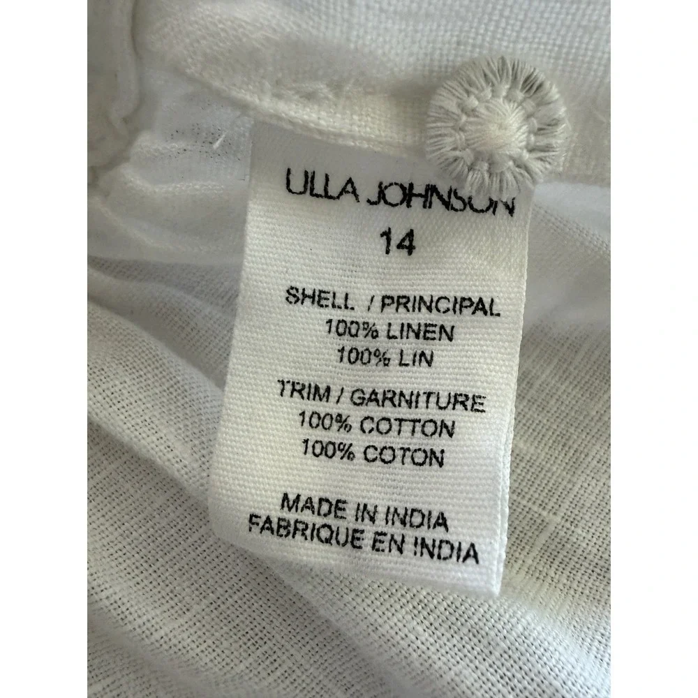 Ulla Johnson Smocked Short Sleeve White Linen Peplum Top Size 14